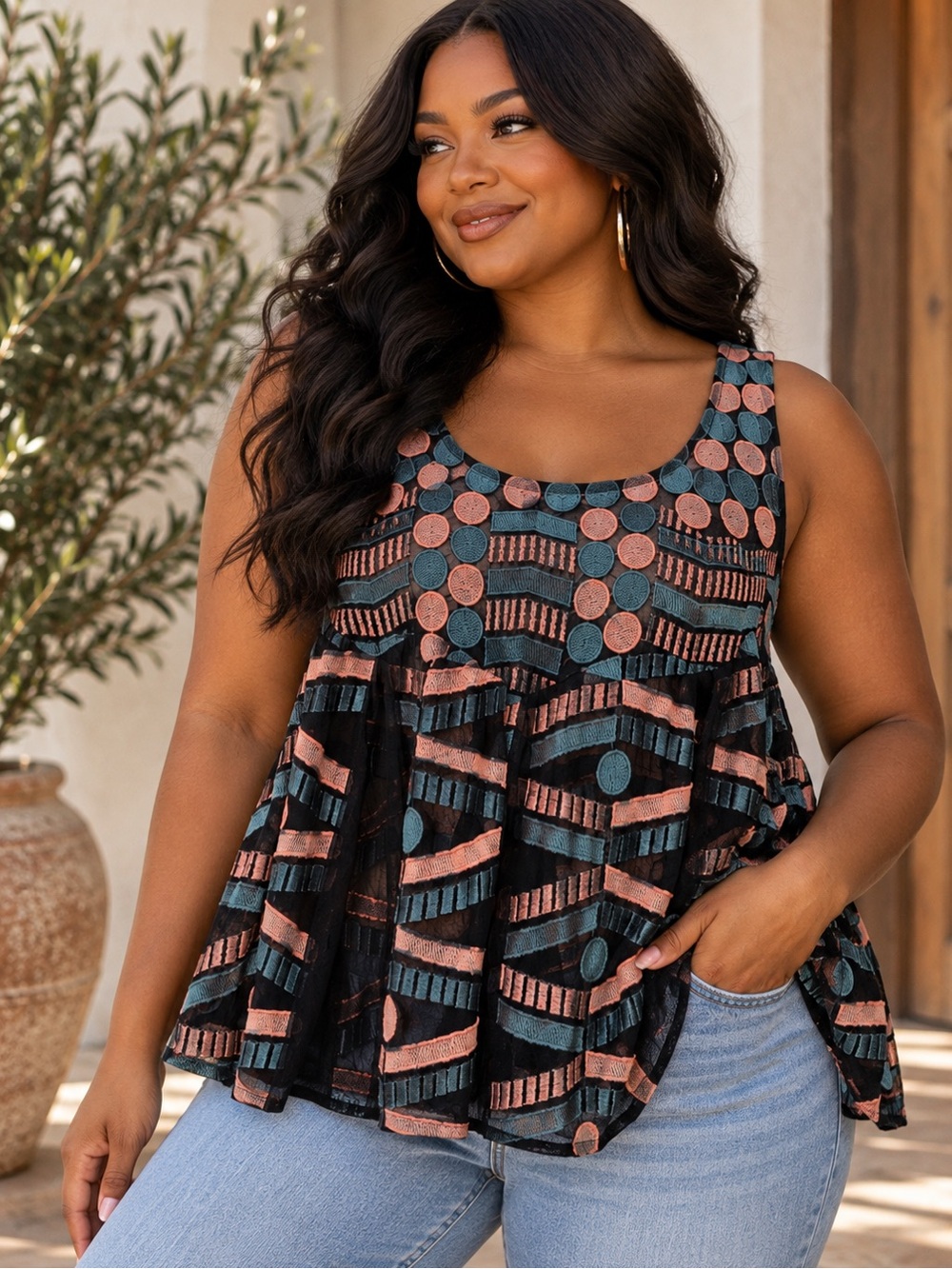 Akemi + Kin Embroidered Mesh Babydoll Tank Top Size M Black Teal Pink